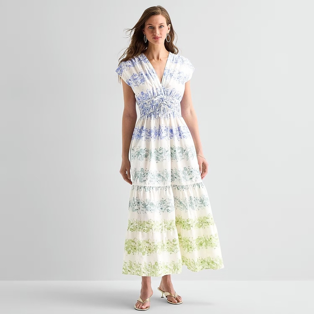 MSRP $89 Sam And Jess Womens L Blue Green Maxi Dress V Neck Short Sleeve Cap